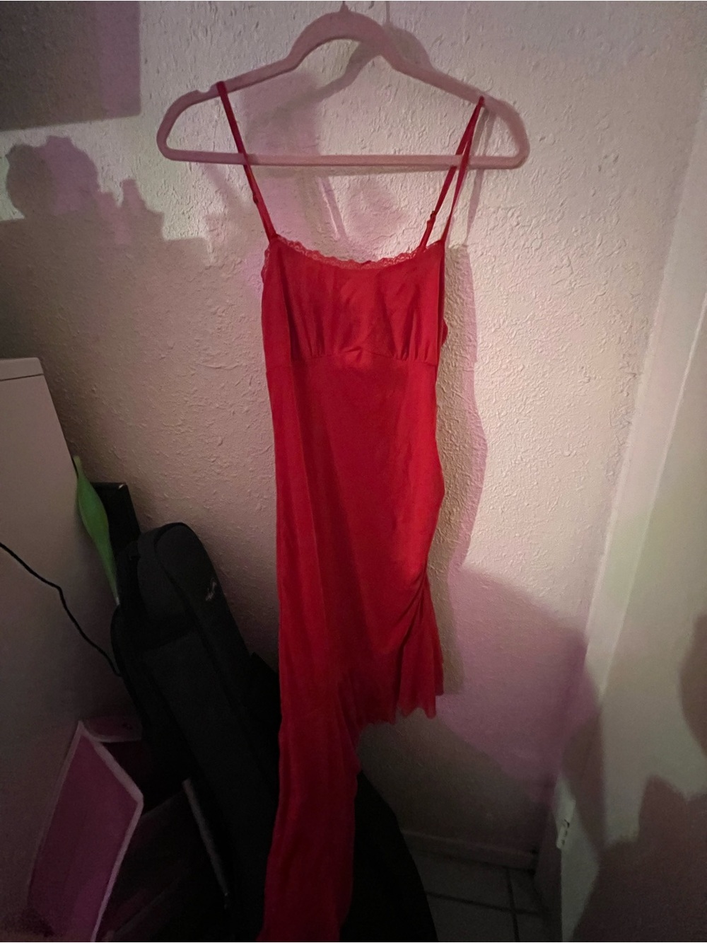 Red Slip Midi Dress with Lace Trim - Women